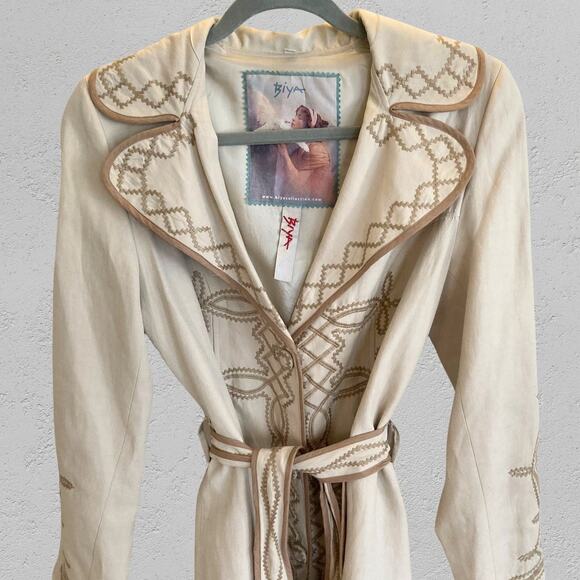 BIYA Collection Silk Linen Blend Embroidered Belted Coat Jacket Size S - Picture 2 of 9